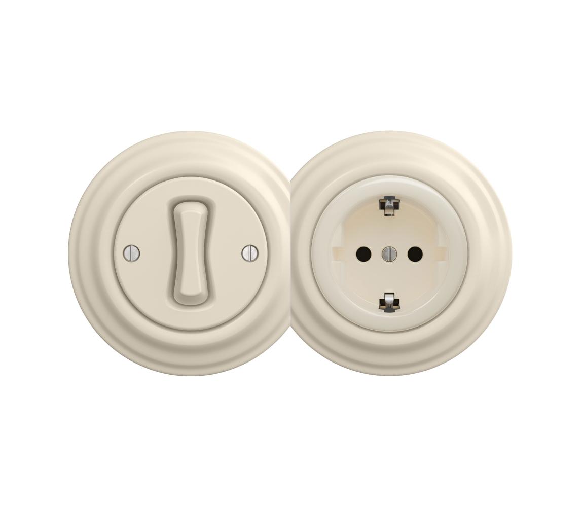 lap - Retro jednopólový vypínač č. 1 a zásuvka SCHUKO 230 V s rámčekom v béžovom prevedení 2xKA0135+KA0128+KA0144