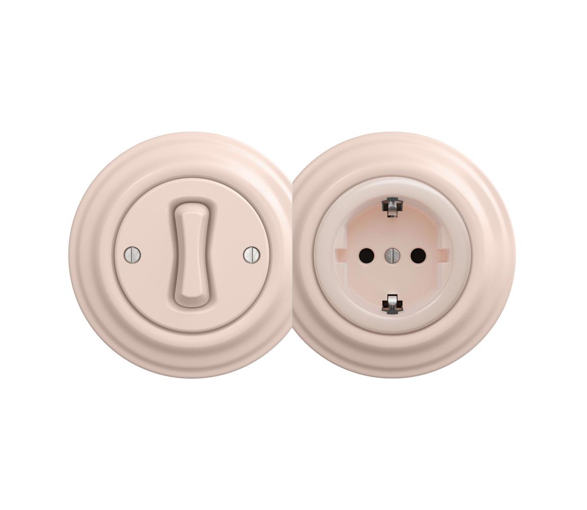 lap - Retro jednopólový vypínač č. 1 a zásuvka SCHUKO 230 V so staroružovým rámikom 2xKA0120+KA0113+KA0143