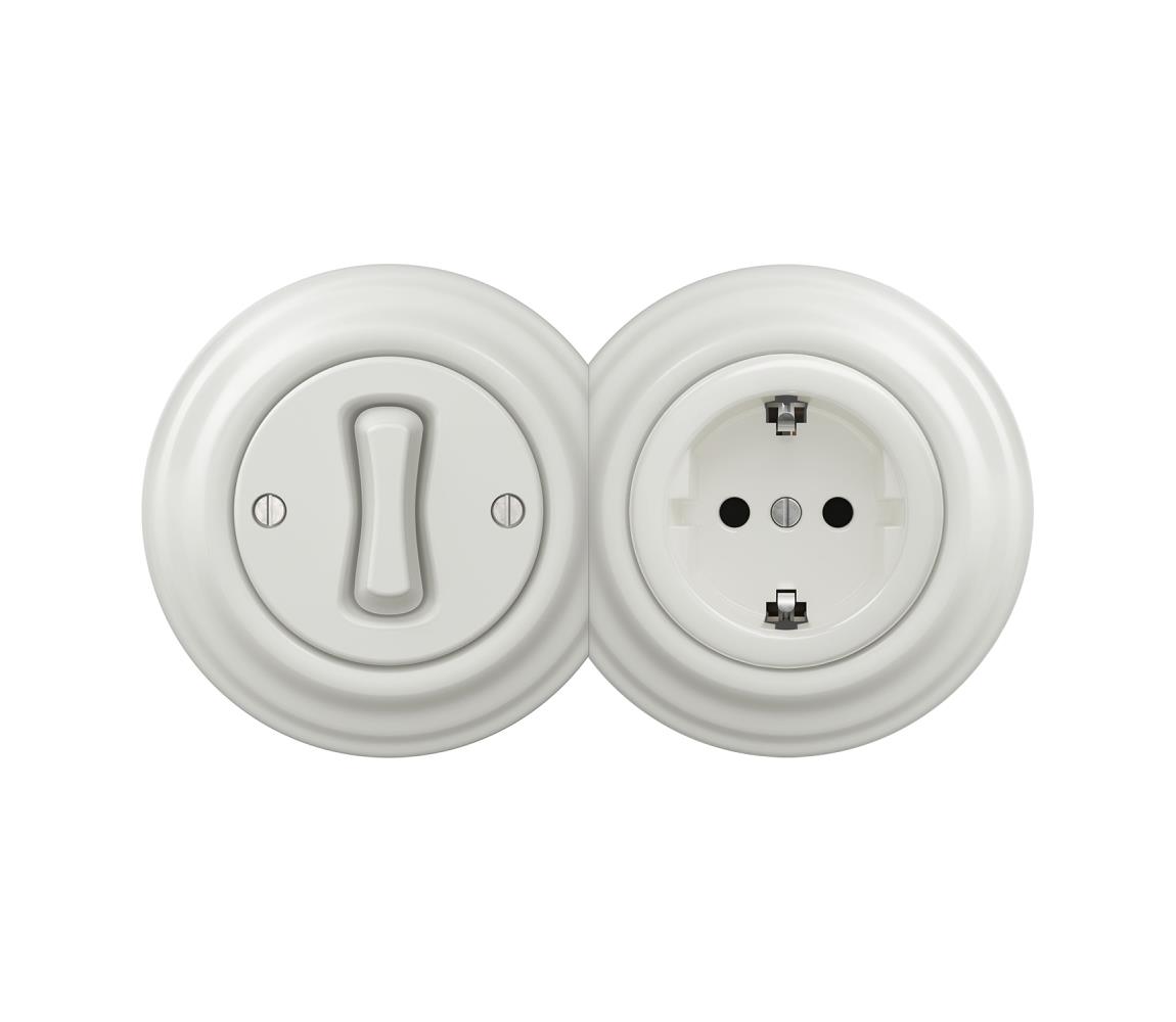 lap - Retro jednopólový vypínač č. 1 a zásuvka SCHUKO 230 V v keramickom ráme, biela 2xKA0008+KA0001+KA0106