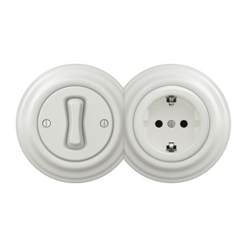 Kliklap - Retro jednopólový vypínač č. 1 a zásuvka SCHUKO 230 V v ráme, keramická biela