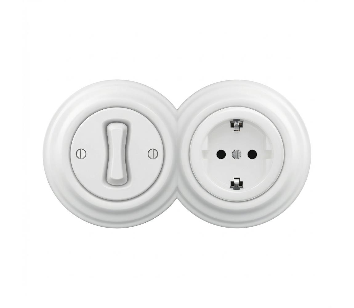lap - Retro jednopólový vypínač č. 1 a zásuvka SCHUKO 230V so snehovo bielym rámom 2xKA0152+KA0145+KA0160