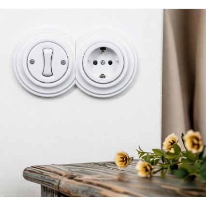 Kliklap - Retro jednopólový vypínač č. 1 a zásuvka SCHUKO 230 V so snehobielym rámčekom