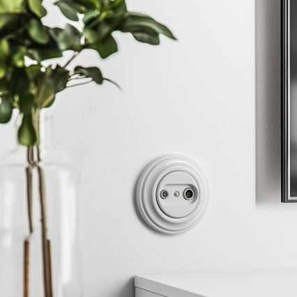 Kliklap - Retro účastnícka zásuvka TV+R (koncová) so snehovo bielym rámikom