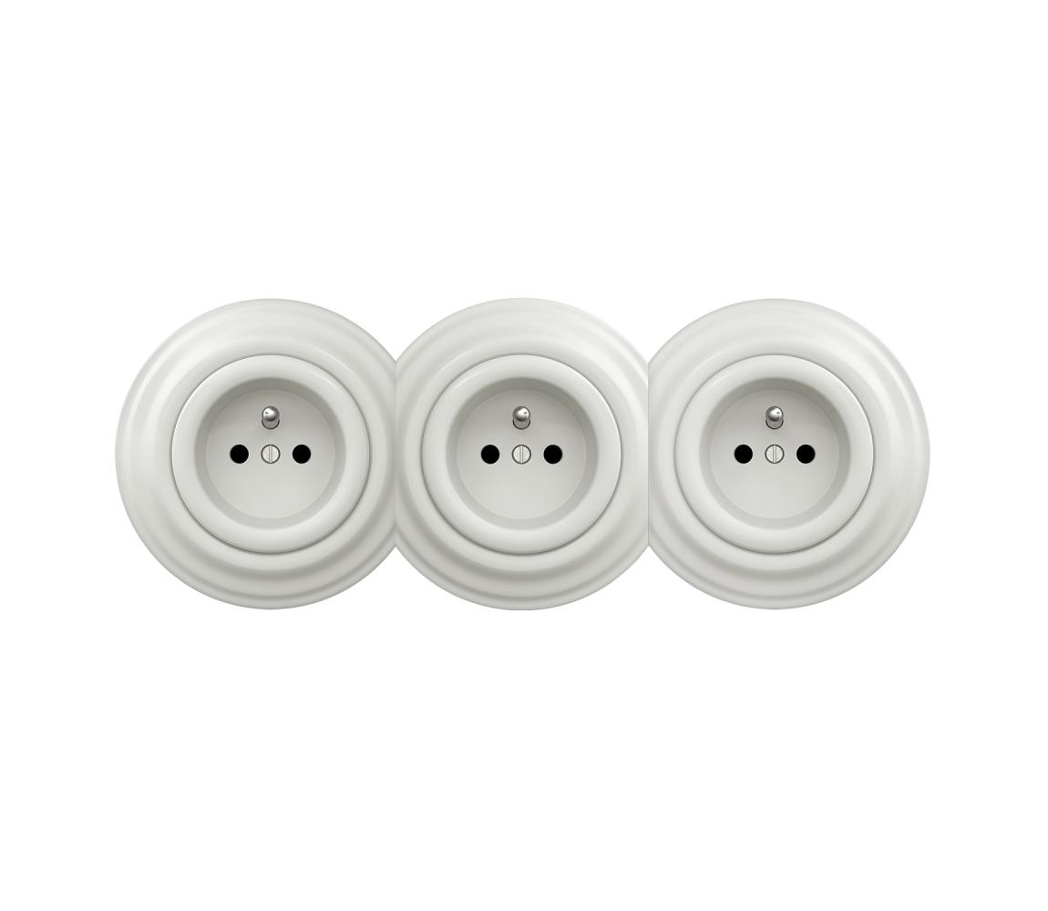 lap - Trojitá retro domová zásuvka s rámčekom 230V keramická biela KA0009+2xKA0008+3xKA0006