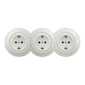 Kliklap - Trojitá retro domová zásuvka s rámikom SCHUKO 230 V keramická biela