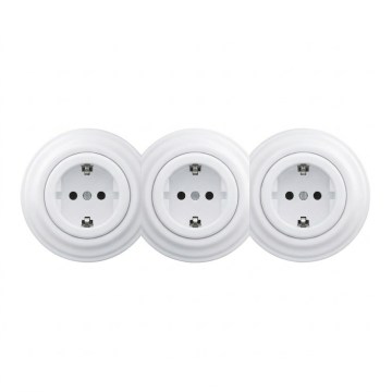 Kliklap - Trojitá retro domová zásuvka s rámikom SCHUKO 230V snehobiela