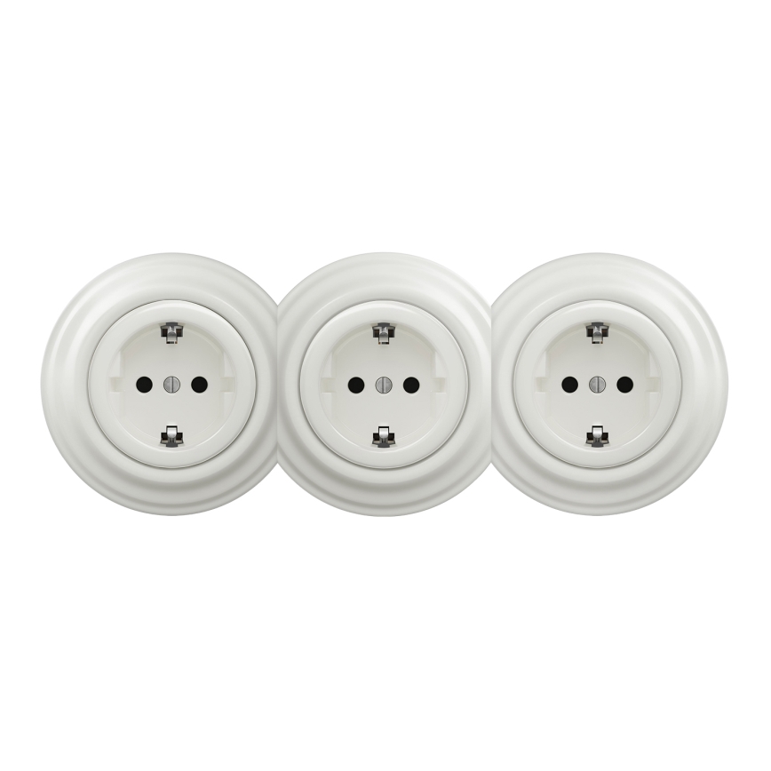 Kliklap - Trojitá retro zásuvka do domácnosti s rámčekom SCHUKO 230 V biela