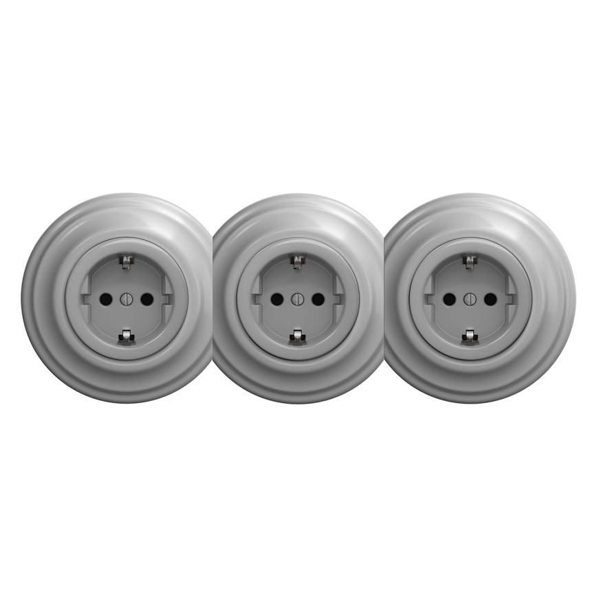 Kliklap - Trojitá retro zásuvka do domácnosti s rámčekom SCHUKO 230V sivá