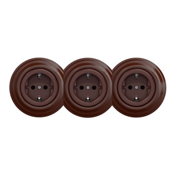 Kliklap - Trojitá retro zásuvka do domácnosti s rámikom SCHUKO 230V hnedá