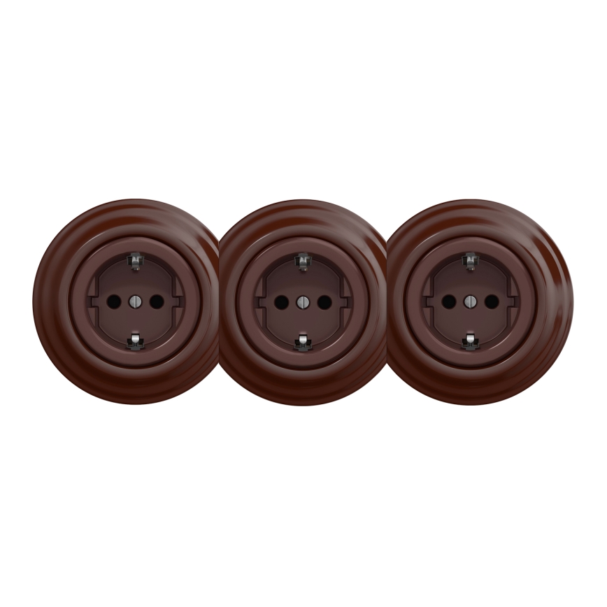 Kliklap - Trojitá retro zásuvka do domácnosti s rámikom SCHUKO 230V hnedá