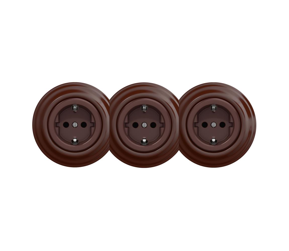 lap - Trojitá retro zásuvka do domácnosti s rámikom SCHUKO 230V hnedá KA0036+2xKA0035+3xKA0109