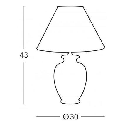 Stolová lampa s kuželovitým tienidlom a zaoblenou základňou. Výška 43 cm, priemer základne 30 cm.