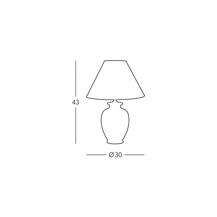 Stolová lampa s kuželovitým tienidlom a zaoblenou základňou. Výška 43 cm, priemer základne 30 cm.