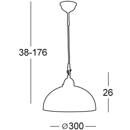 Závesné svietidlo visí zo stropu. Má kupolu s priemerom 300 mm. Celková výška je 38-176 cm, tieň má výšku 26 cm.
