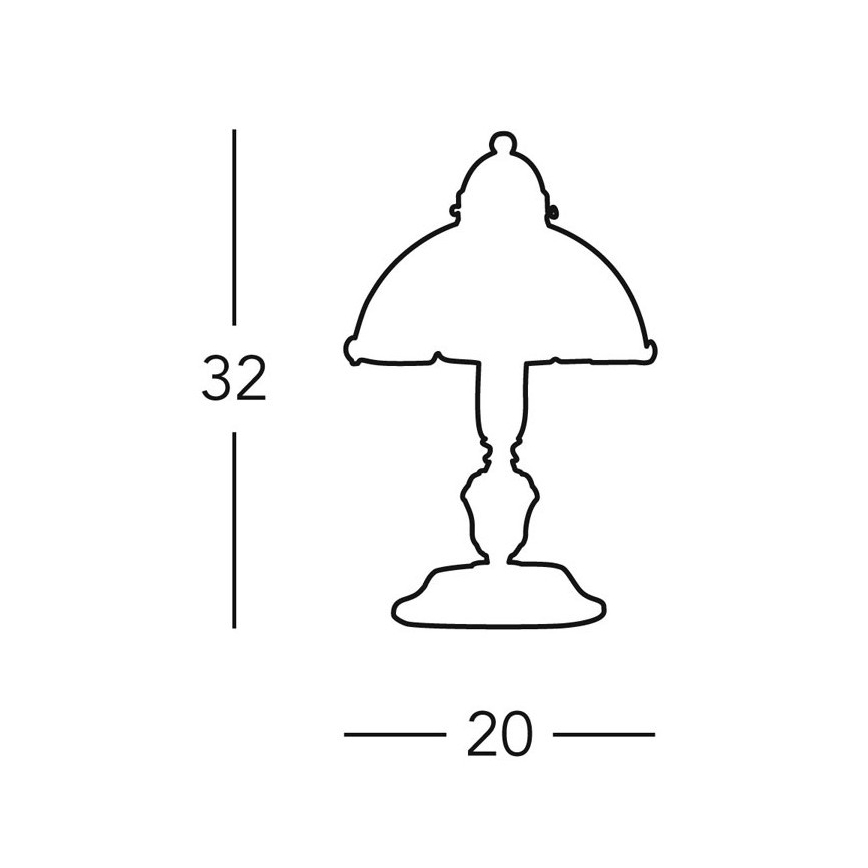 Stolová lampa s kupolovitým tienidlom a ozdobnou nohou je znázornená v čiernobielej linkovej kresbe. Výška lampy je 32 a šírka 20.