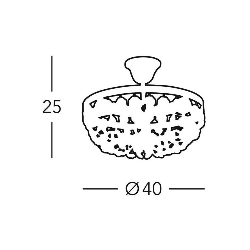 Lampa visí zo stropu. Má okrúhly tvar s dekoračnými prvkami. Rozmery sú 40 cm v priemere a 25 cm na výšku.