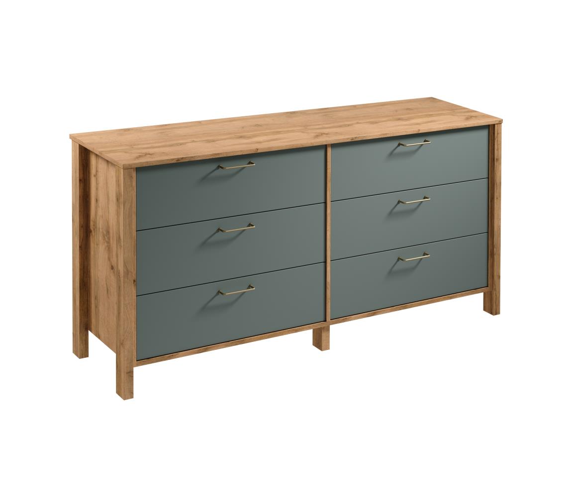 Gala Meble Komoda MENTA 170x81x47 cm dub Wotan/zelená S19-K6S-ZSM