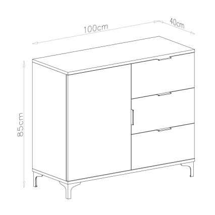 Komoda s jednou dvierkovou skrinkou a tromi zásuvkami stojí na štíhlych nožičkách. Rozmery: šírka 100 cm, hĺbka 40 cm, výška 85 cm.