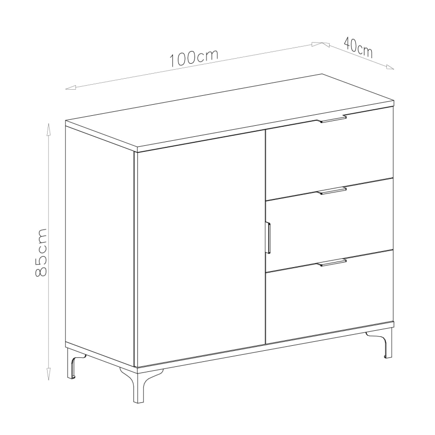 Komoda s jednou dvierkovou skrinkou a tromi zásuvkami stojí na štíhlych nožičkách. Rozmery: šírka 100 cm, hĺbka 40 cm, výška 85 cm.
