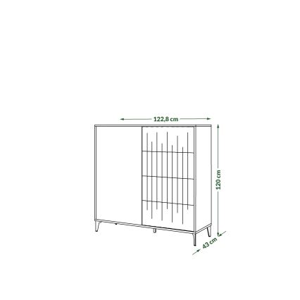 Štýlová komoda s posuvnými dvierkami, z toho jedno s vertikálnymi priečkami, stojí na nízkych nožičkách. Rozmery: šírka 122,8 cm, výška 120 cm, hĺbka 43 cm.