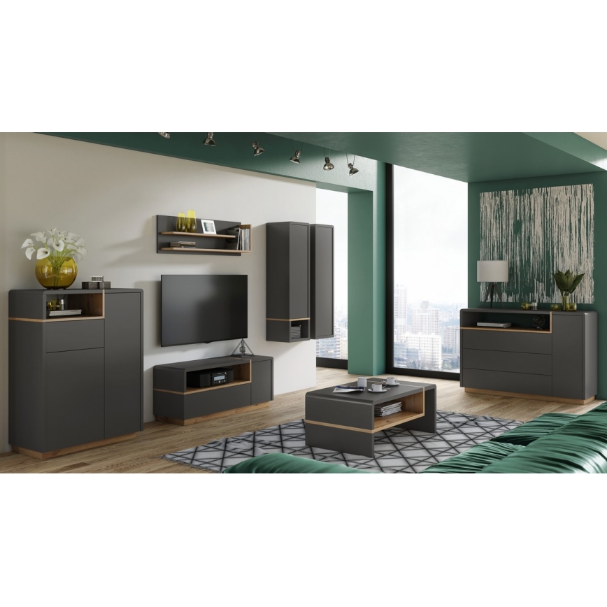 Súprava tmavosivého nábytku v obývačke: televízna zostava, skrinky, polička a konferenčný stolík. V pozadí je veľké okno s výhľadom na mesto.