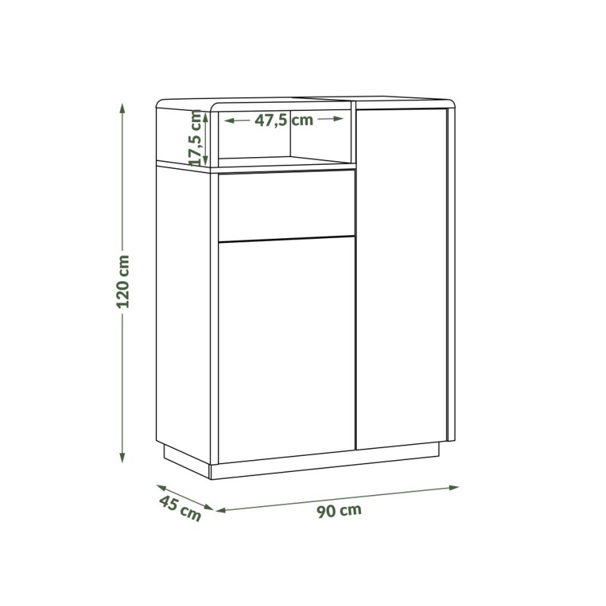 Štýlová skrinka s rozmermi 120x90x45 cm stojí na podlahe. Skrinka má hornú poličku, zásuvku a dvierka. Horná polička má šírku 47,5 cm a výšku 17,5 cm.