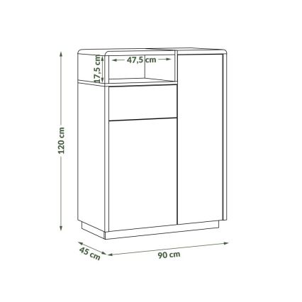 Komoda stojí na podlahe. Má výšku 120 cm, šírku 90 cm a hĺbku 45 cm. Obsahuje hornú policu (47,5 cm), zásuvku a skrinku s dvierkami.