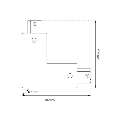 Technický výkres zobrazuje L-tvarovú spojku s rozmermi 105 mm x 105 mm x 17,5 mm. Spojka má na každej strane dva pripojovacie body označené znamienkom plus.