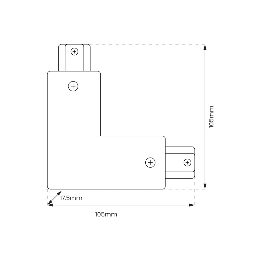 Technický výkres zobrazuje L-tvarovú spojku s rozmermi 105 mm x 105 mm x 17,5 mm. Spojka má na každej strane dva pripojovacie body označené znamienkom plus.