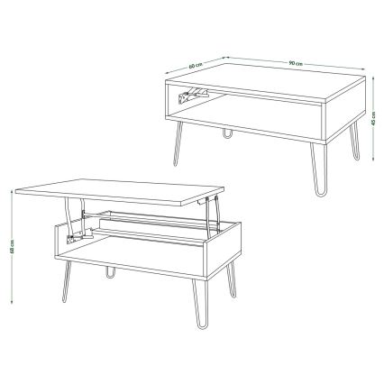 Zdvíhacia konferenčný stolík s úložným priestorom, rozmery 90x60x45 cm (dĺžka x šírka x výška), v dvoch pozíciách: zatvorený a s vyklopenou doskou, výška 68 cm v otvorenej polohe. Stolík má kovové nôžky.