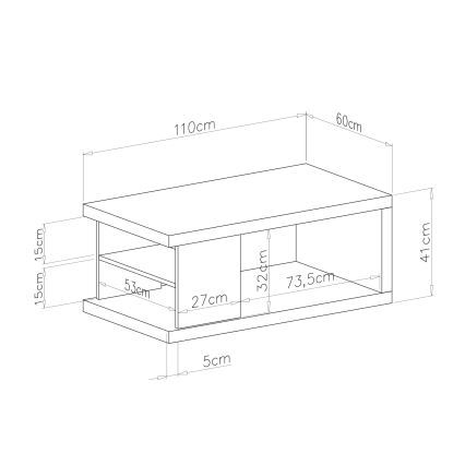 Nízky konferenčný stolík s policami má rozmery 110cm x 60cm x 41cm. Výška stolíka je 41 cm, hĺbka 60cm, šírka 110 cm. Má jednu širokú hornú dosku a dve nižšie police s rozmermi 53cm, 27cm a 73,5cm. Výška spodnej časti je 5cm.