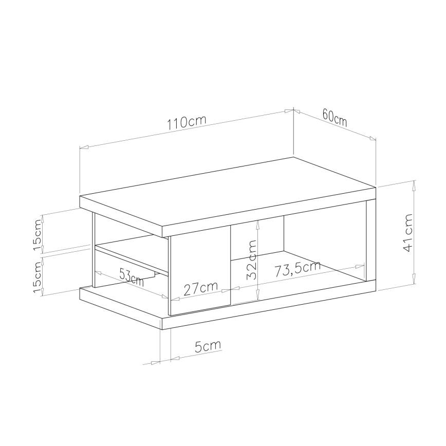 Nízky konferenčný stolík s policami má rozmery 110cm x 60cm x 41cm. Výška stolíka je 41 cm, hĺbka 60cm, šírka 110 cm. Má jednu širokú hornú dosku a dve nižšie police s rozmermi 53cm, 27cm a 73,5cm. Výška spodnej časti je 5cm.