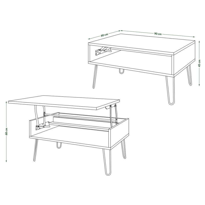 Dva pohľady na konferenčný stolík s výklopným vrchom a úložným priestorom. Stolík má štíhle kovové nohy. Rozmery: 90 cm x 60 cm x 45 cm (rozložený) a 68 cm (výška v zloženom stave).