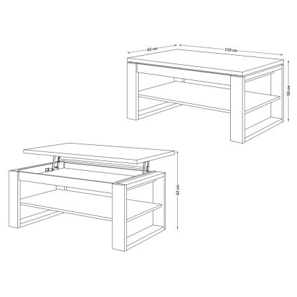 Dva pohľady na konferenčný stolík s výklopnou doskou a policami. Rozmery: 65x110x50 cm (rozložený), výška 62 cm.