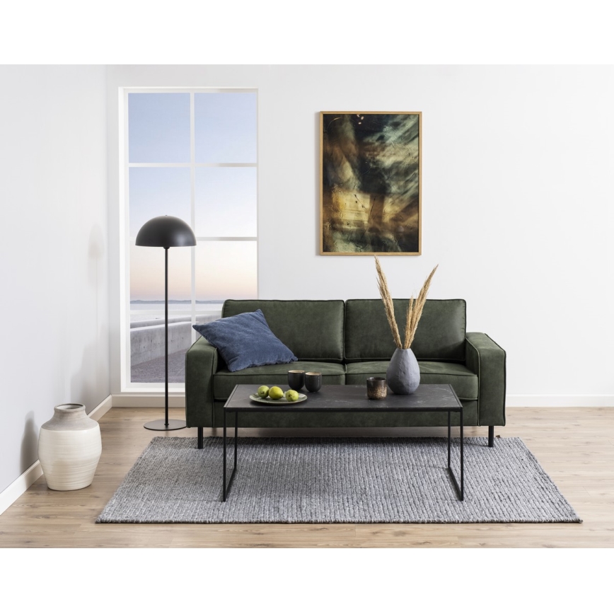 Zelená pohovka stojí v obývacej izbe pred nízkym čiernym konferenčným stolíkom s ovocím. Stojí na sivej koberci pri okne s výhľadom na more. V miestnosti je aj stojacia lampa a obraz na stene.