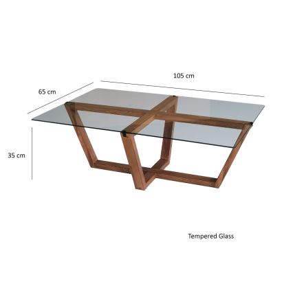 Drevený konferenčný stolík s čírou sklenenou doskou rozmerov 105 x 65 x 35 cm stojí na bielom pozadí. Sklo je označené ako Tempered Glass.
