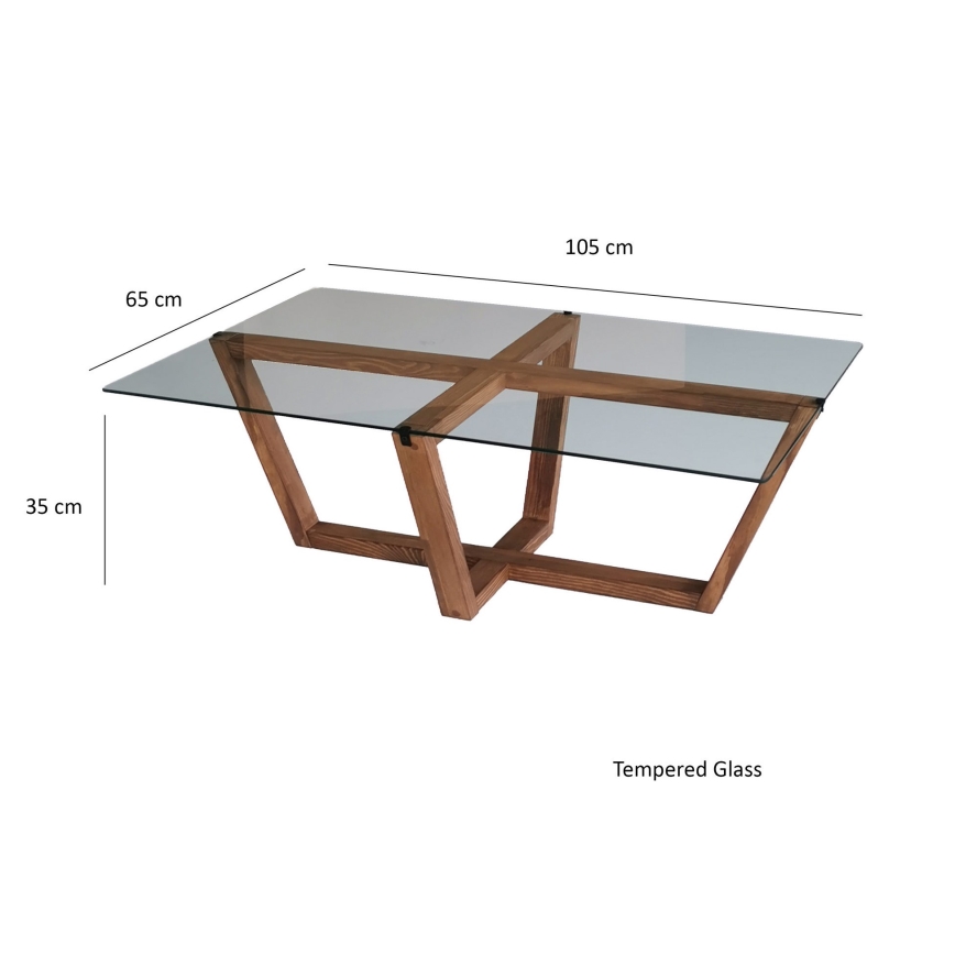 Drevený konferenčný stolík s čírou sklenenou doskou rozmerov 105 x 65 x 35 cm stojí na bielom pozadí. Sklo je označené ako Tempered Glass.