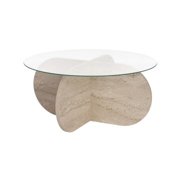 Konferenčný stolík BUBBLE, priemer 75 cm, travertín/číre sklo
