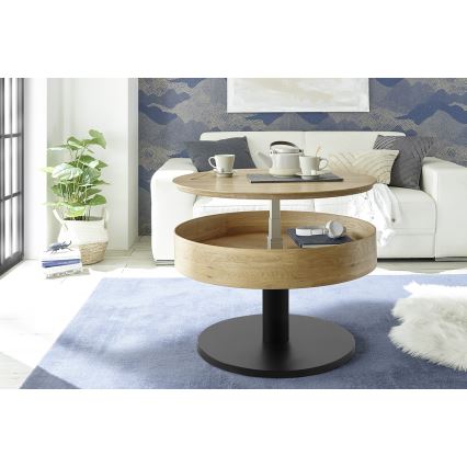 Konferenčný stolík ELEMENT so zdvíhacou doskou, priemer 75 cm, dub/čierna