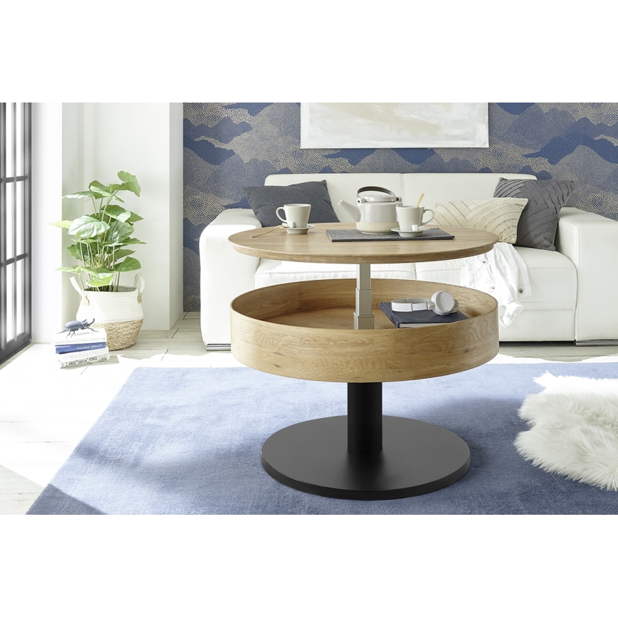 Konferenčný stolík ELEMENT so zdvíhacou doskou, priemer 75 cm, dub/čierna