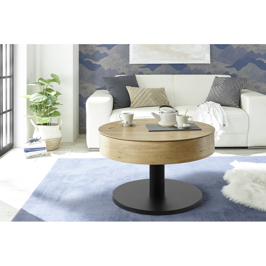 Konferenčný stolík ELEMENT so zdvíhacou doskou, priemer 75 cm, dub/čierna