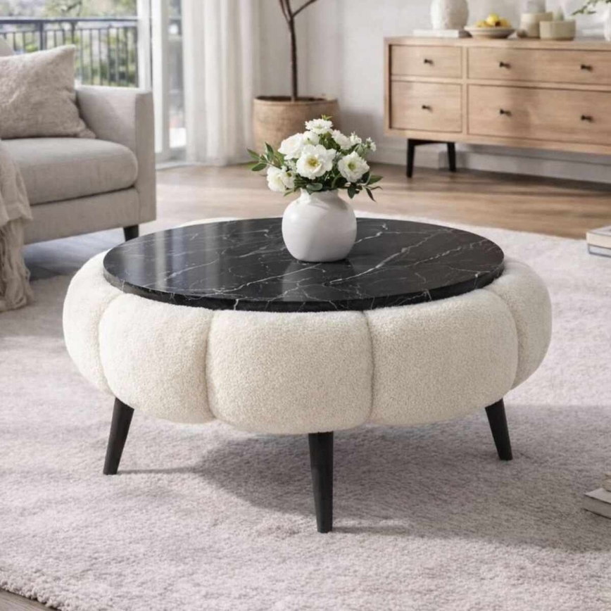 Konferenčný stolík FELPO pr. 60 cm čierna/biela/dekor mramoru