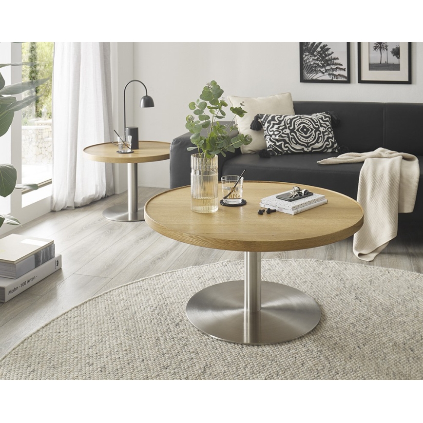 Konferenčný stolík FOCUS, priemer 80 cm, dub/nerez