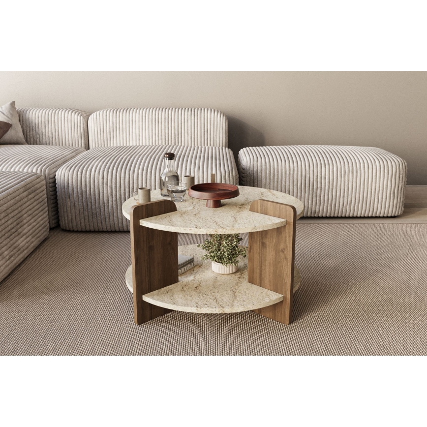 Konferenčný stolík PURO, priemer 70 cm, béžová/orech