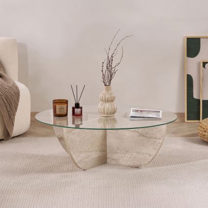 Konferenčný stolík VERE pr. 90 cm béžový/číry