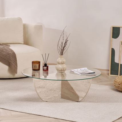 Konferenčný stolík VERE pr. 90 cm béžový/číry