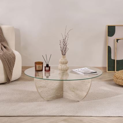 Konferenčný stolík VERE pr. 90 cm béžový/číry