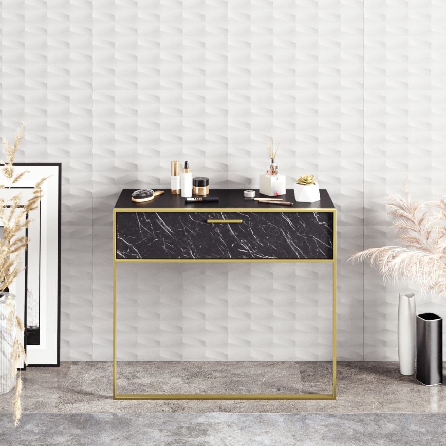 Konzolový nástenný stolík POLKA 76,8x90 cm zlatá/čierna