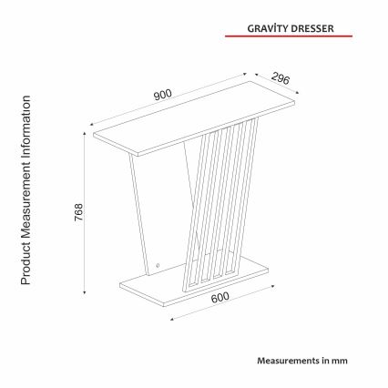Nízky drevený stolík s úzkymi vertikálnymi priečkami v strede, rozmery: 900x768x600 mm, šírka vrchu 296 mm. Názov: GRAVITY DRESSER. Rozmery v mm.