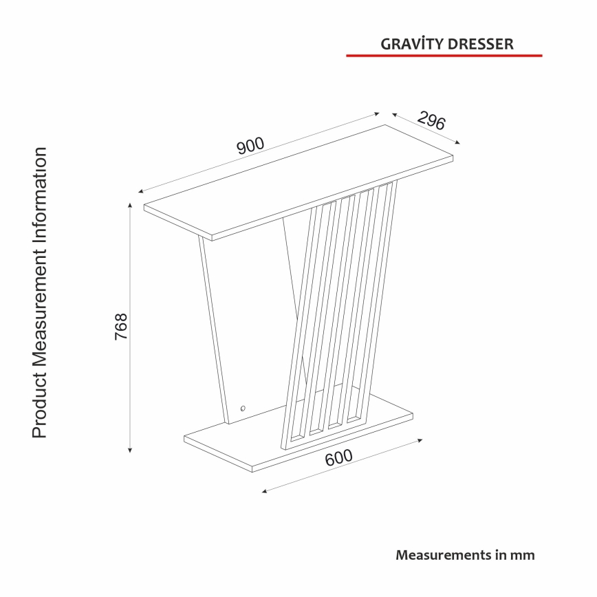 Nízky drevený stolík s úzkymi vertikálnymi priečkami v strede, rozmery: 900x768x600 mm, šírka vrchu 296 mm. Názov: GRAVITY DRESSER. Rozmery v mm.